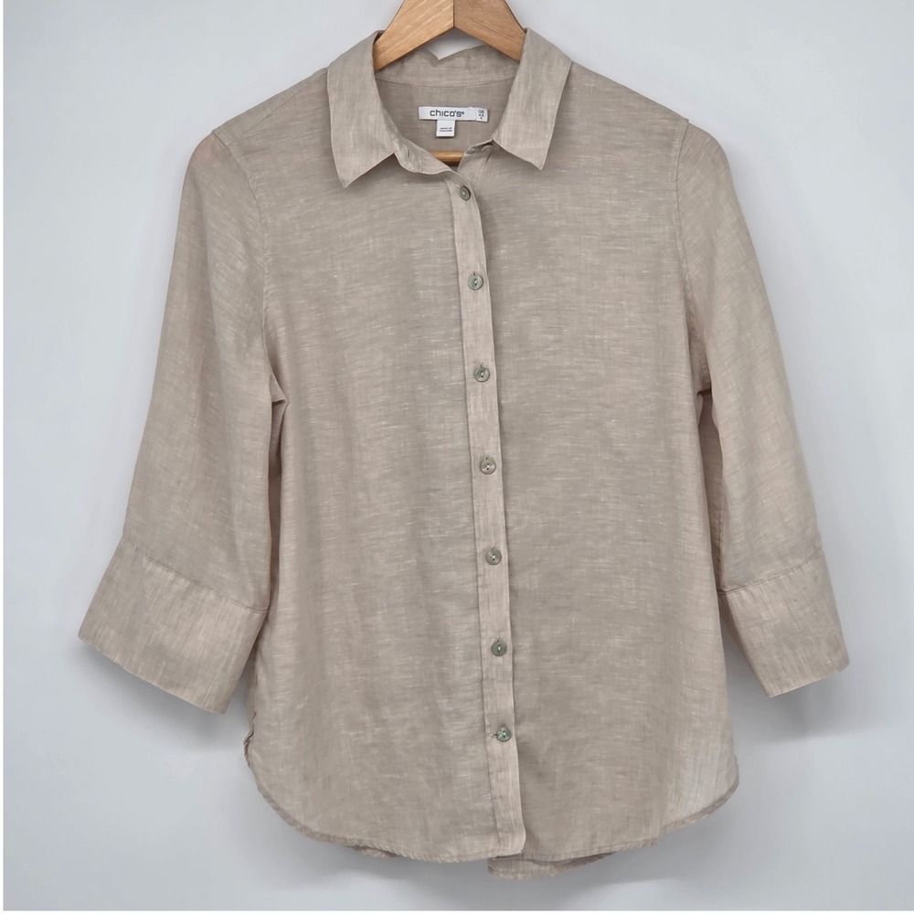 Chicos 100% Linen Button Down Blouse Beige Tan 3/4 Sleeve Size 0.5 Small Coastal